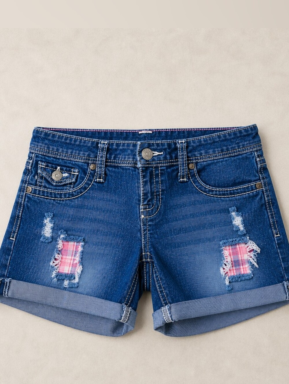 Maurices Denim Distressed Women Shorts With Cute Pink Plaid Patches. Size 3/4